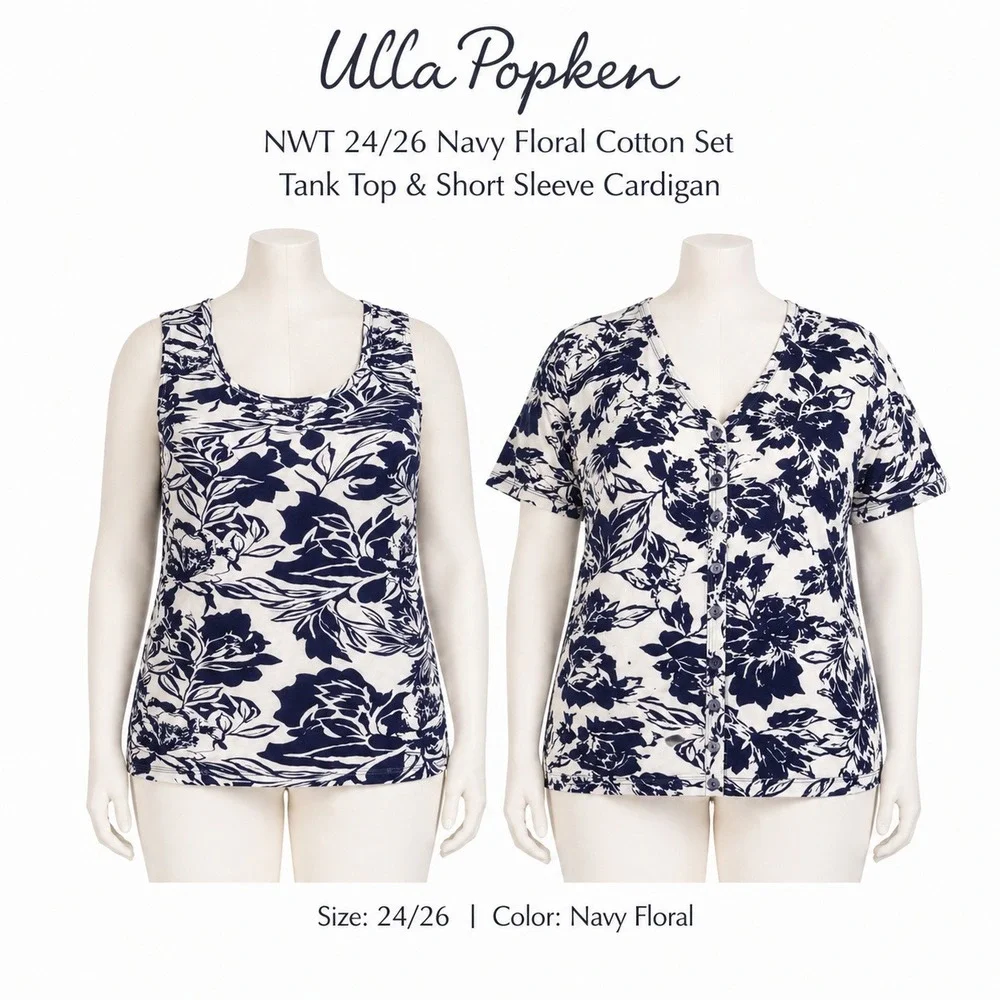 Ulla Popken‎ Womens 24/26 Navy Floral Cotton Tank Top and Cardigan Set 31556